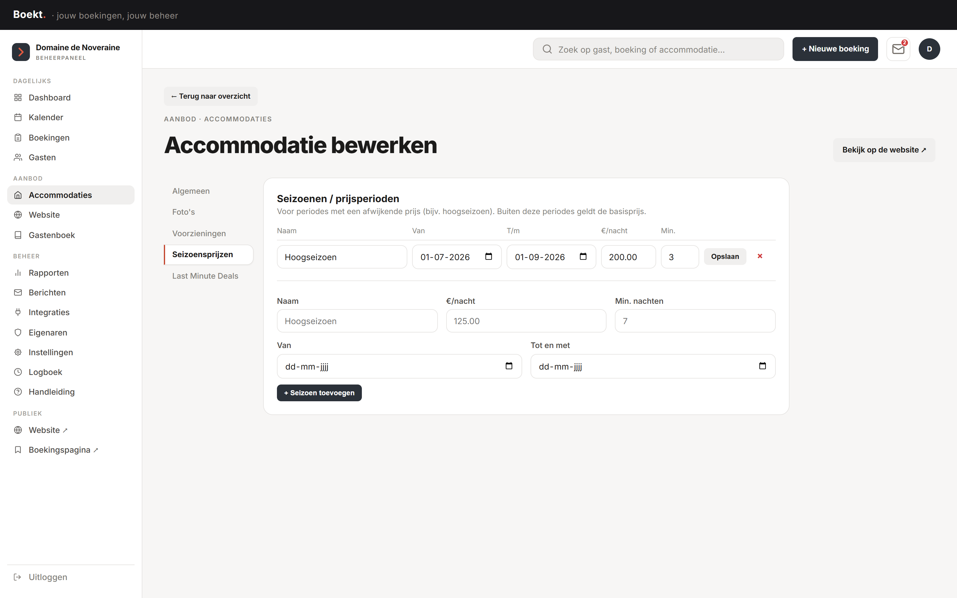 Prijzen en boekregels per accommodatie